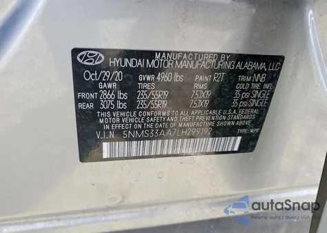 2020 Hyundai Santa Fe Sel 2.0T z USA, uszkodzony, nr VIN 5NMS33AA7LH299192